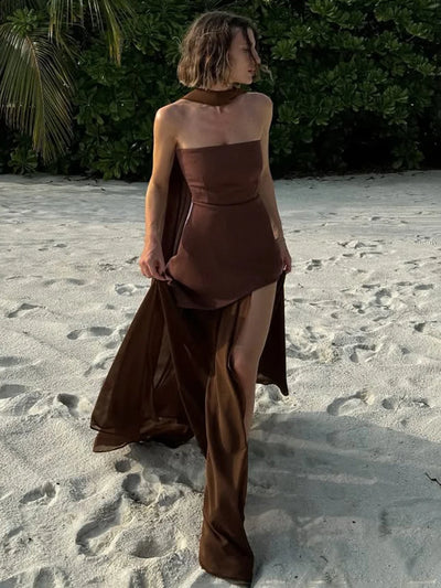 Women’s Strapless Mesh Dress – Ribbon Detail, Beach Style - Lunavitae