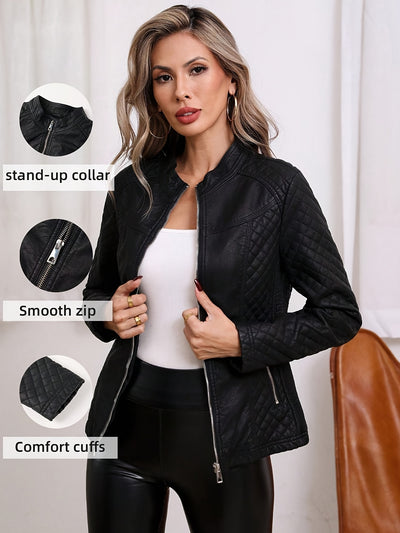 Beige Faux Leather Biker Jacket – Retro Short Coat - Lunavitae
