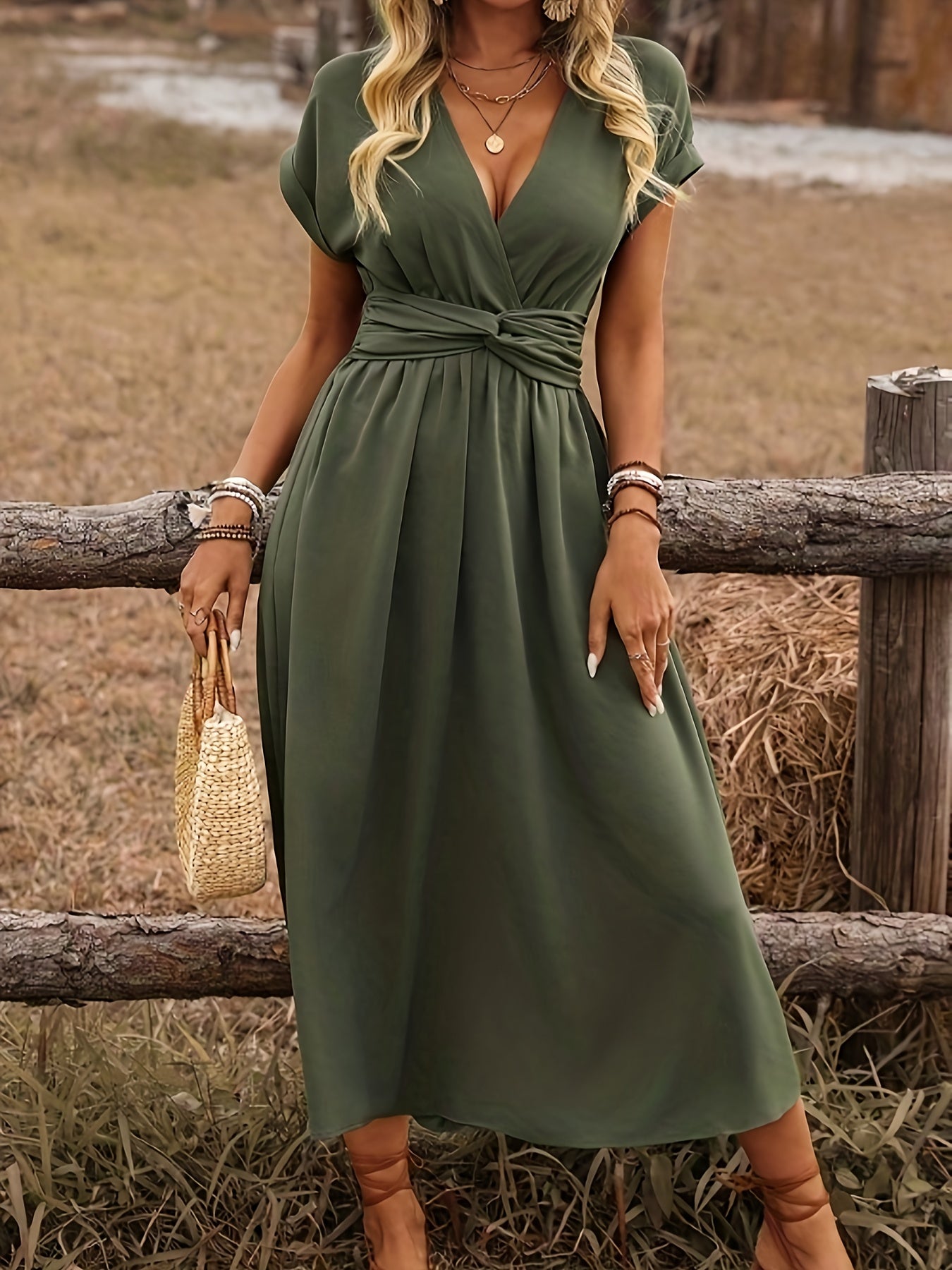 Boho Midi Dress – Batwing Sleeve, Twist Back, Drawstring - Lunavitae