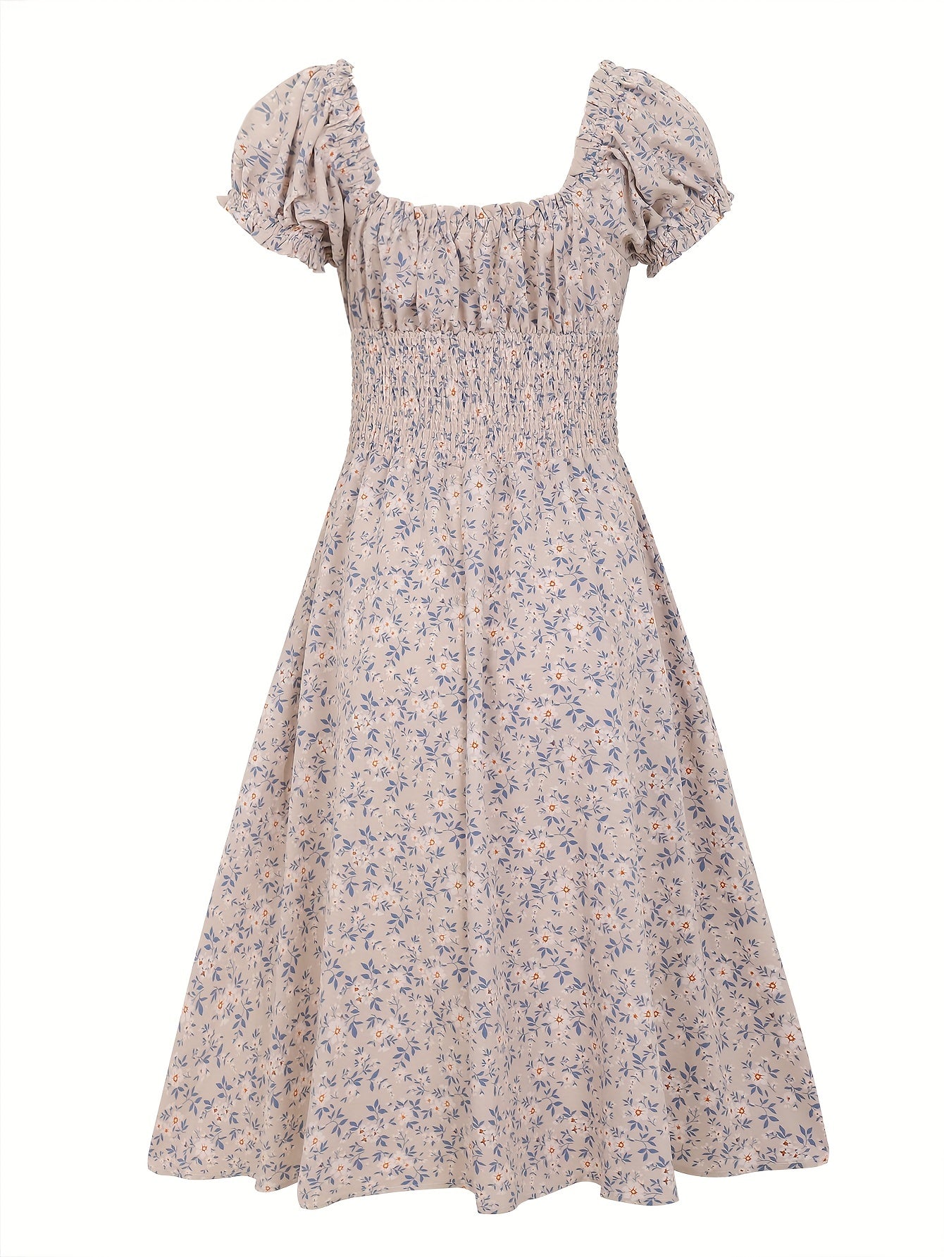 Floral Midi Dress – V-Neck, Bubble Sleeve, Sheath Fit - Lunavitae