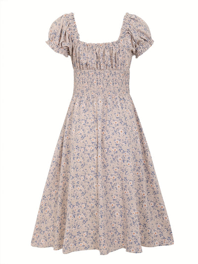 Floral Midi Dress – V-Neck, Bubble Sleeve, Sheath Fit - Lunavitae