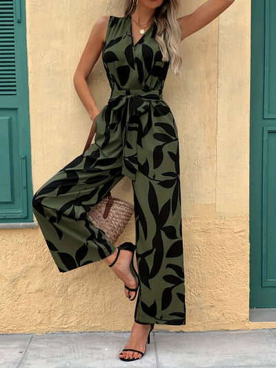 Sleeveless V-Neck Jumpsuit – Wide Leg, Cinched Waist - Lunavitae