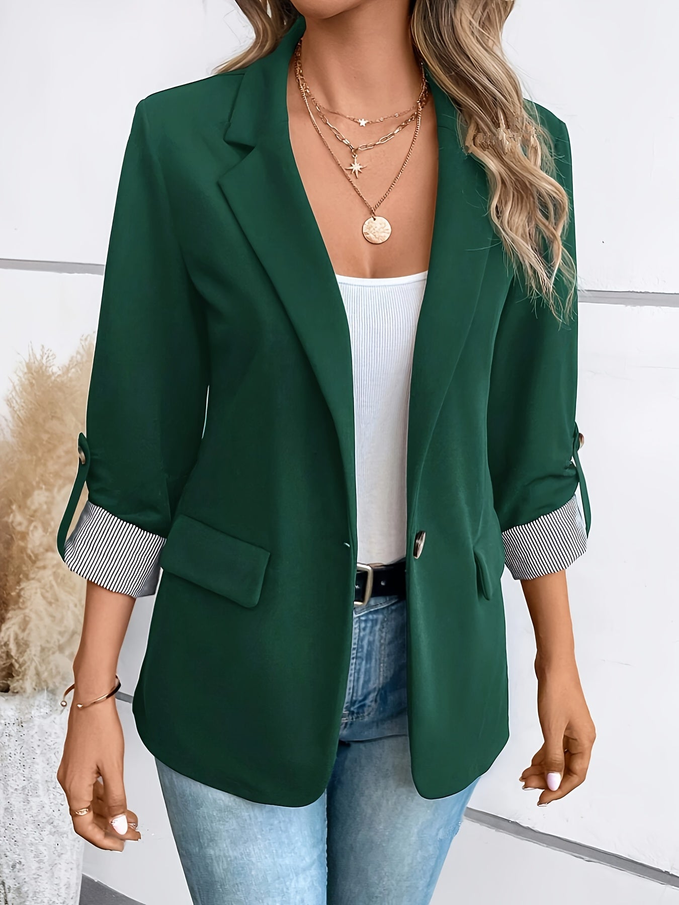 Blazer with Striped Cuffs – Single Button, Long Sleeve - Lunavitae