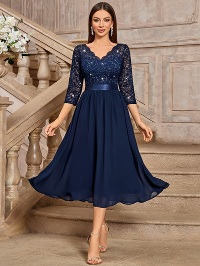 Sequin Lace Midi Dress – V-Neck, Tulle Skirt, 3/4 Sleeve - Lunavitae