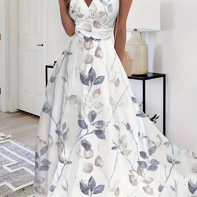 Floral V-Neck Midi Dress – Sleeveless, Flowy Skirt - Lunavitae