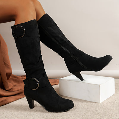 Fabric Knee-High Boots – Pointed Toe, Cone Heel - Lunavitae
