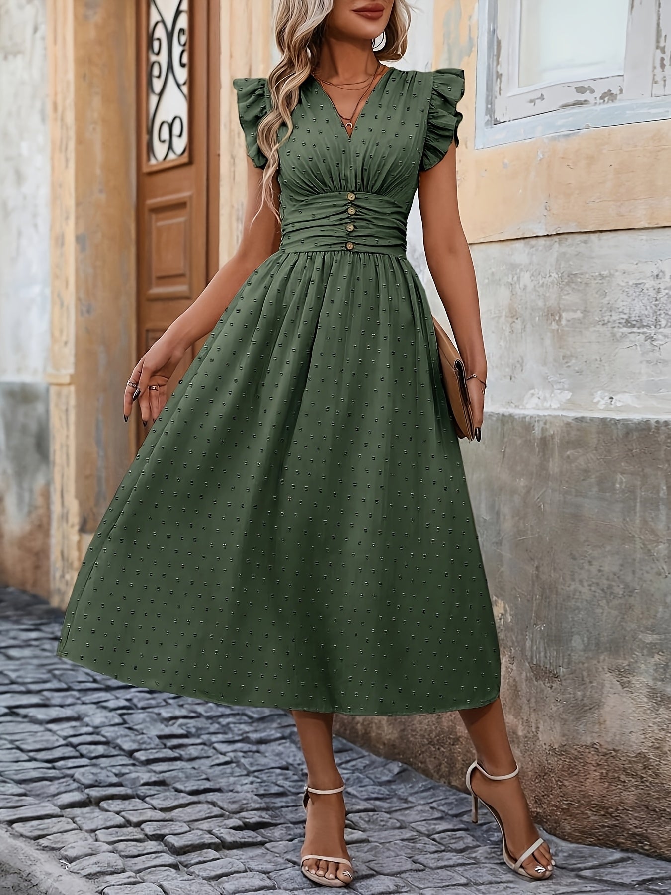 V-Neck Midi Dress – Ruffled Boho Style with Pockets - Lunavitae