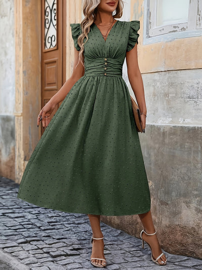 V-Neck Midi Dress – Ruffled Boho Style with Pockets - Lunavitae