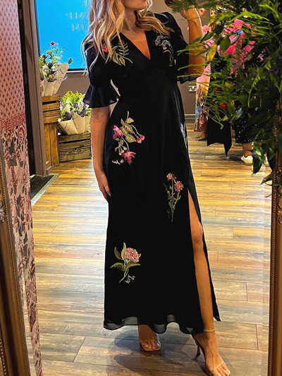 Navy Blue Flower Embroidery Elegant Dress - Lunavitae