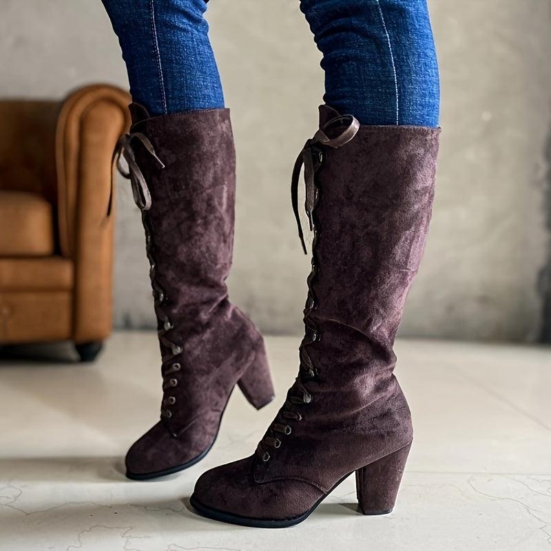 Chunky Heel Knee-High Boots – Lace-Up, Stylish Fit - Lunavitae