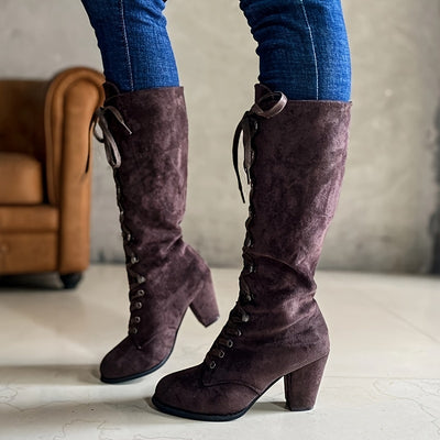 Chunky Heel Knee-High Boots – Lace-Up, Stylish Fit - Lunavitae