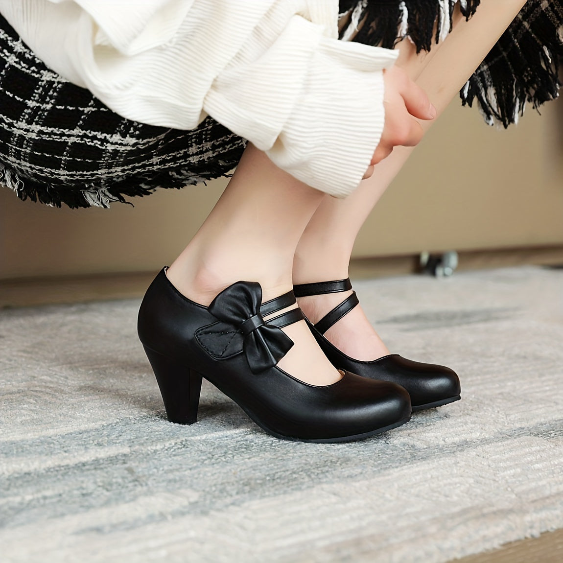 Kitten Heel Pumps – Bow Ankle Strap, Round Toe - Lunavitae