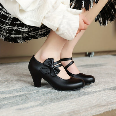 Kitten Heel Pumps – Bow Ankle Strap, Round Toe - Lunavitae