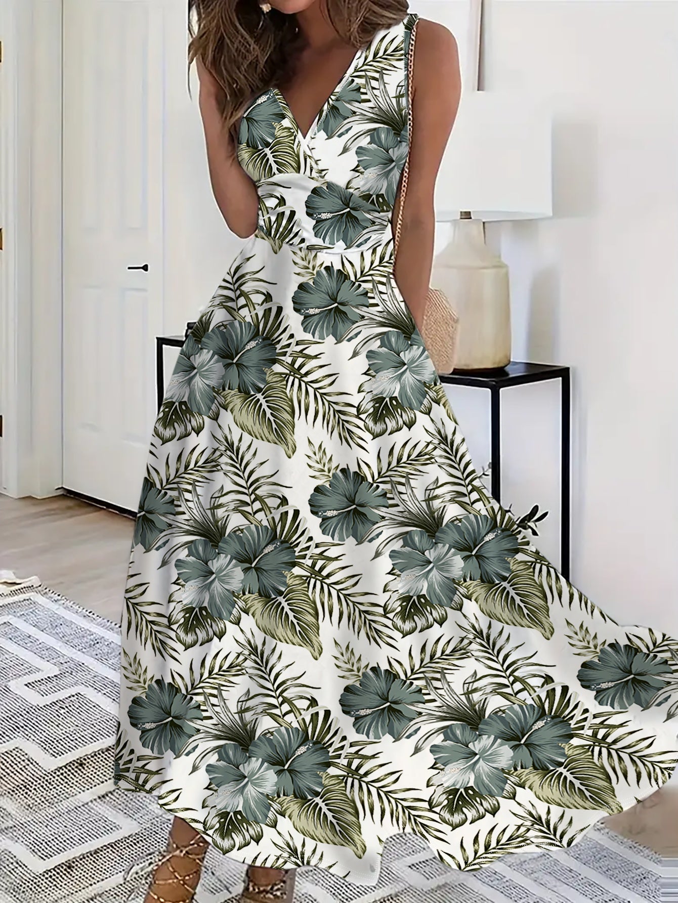 Floral V-Neck Midi Dress – Sleeveless, Flowy Skirt - Lunavitae