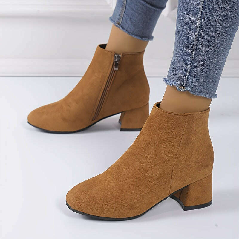 Women's Solid Color Block Heeled Ankle Boots - Side Zipper Short Boots