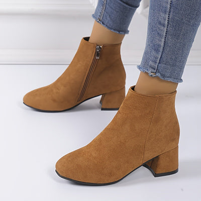 Women's Solid Color Block Heeled Ankle Boots - Side Zipper Short Boots - Lunavitae
