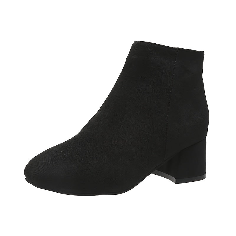 Women's Solid Color Block Heeled Ankle Boots - Side Zipper Short Boots - Lunavitae