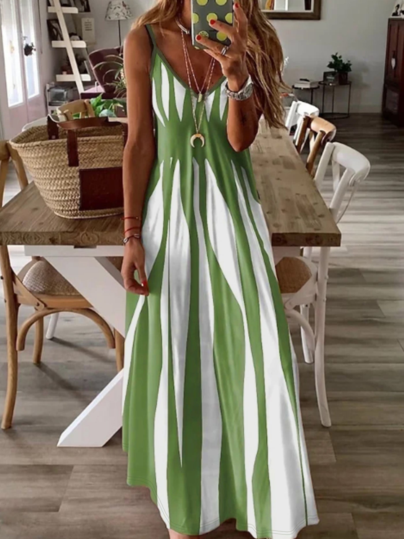 Striped V-Neck Cami Dress – Sleeveless & Chic - Lunavitae