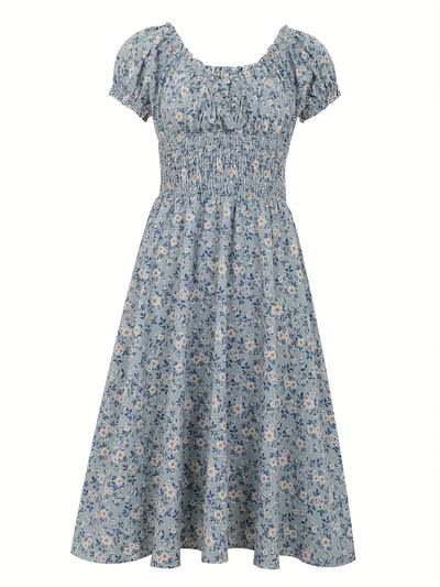 Floral Midi Dress – V-Neck, Bubble Sleeve, Sheath Fit - Lunavitae