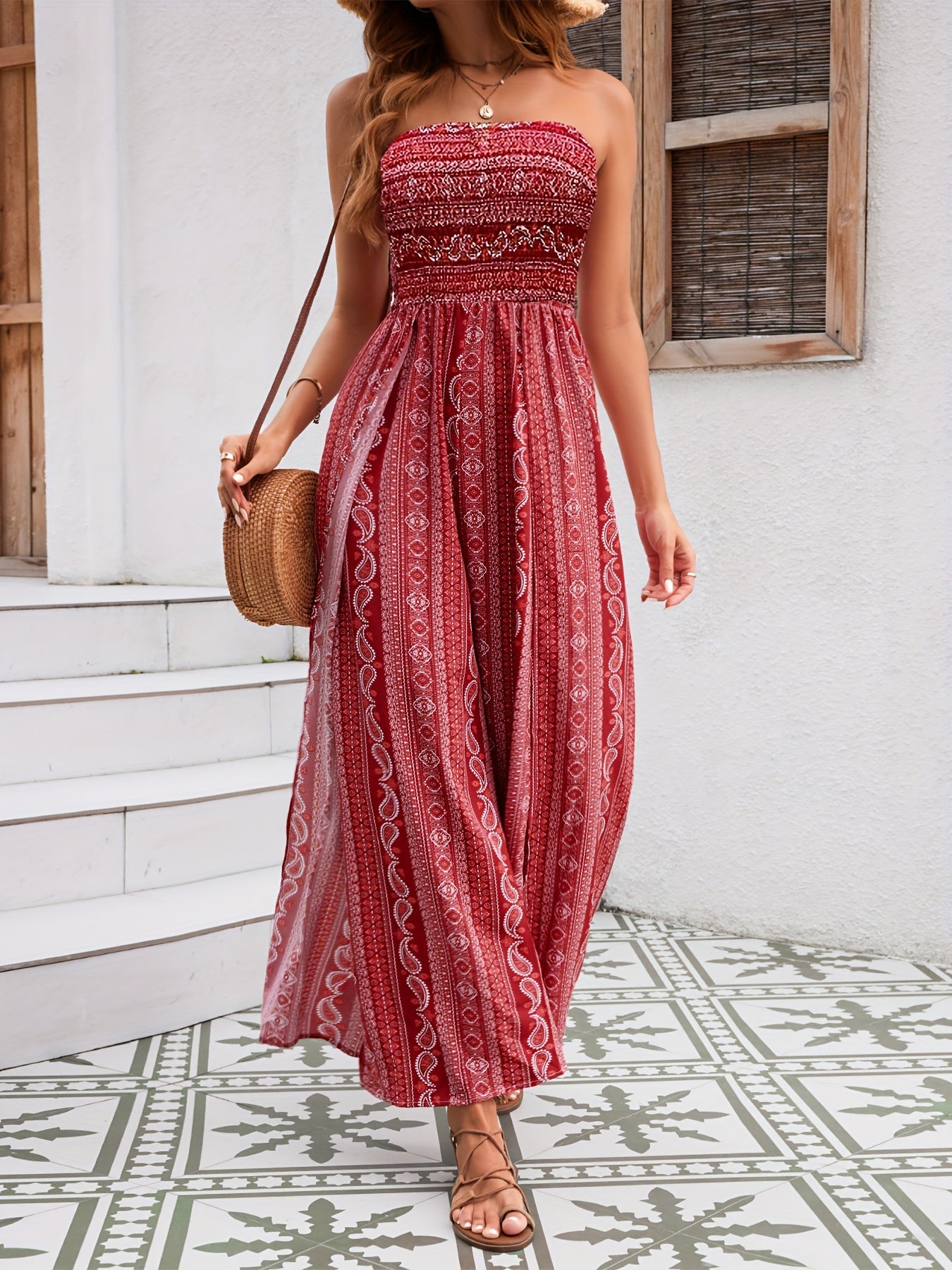 Off-Shoulder Paisley Jumpsuit – Flowy Summer Style - Lunavitae