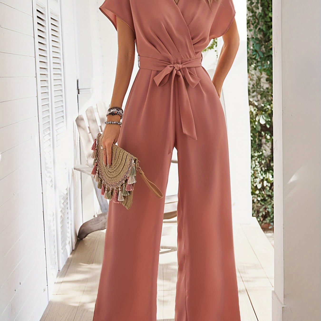Chic Surplice Jumpsuit – Tie Waist, Wide Leg Fit - Lunavitae