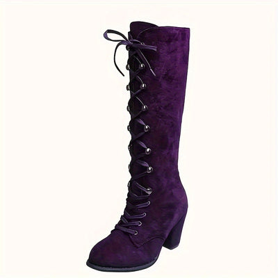 Chunky Heel Knee-High Boots – Lace-Up, Stylish Fit - Lunavitae