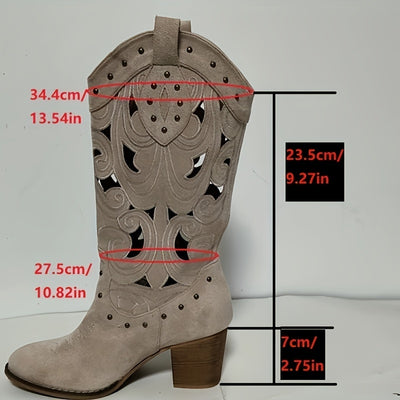 Western Cowboy Boots – Embroidered, Block Heel, Beige - Lunavitae