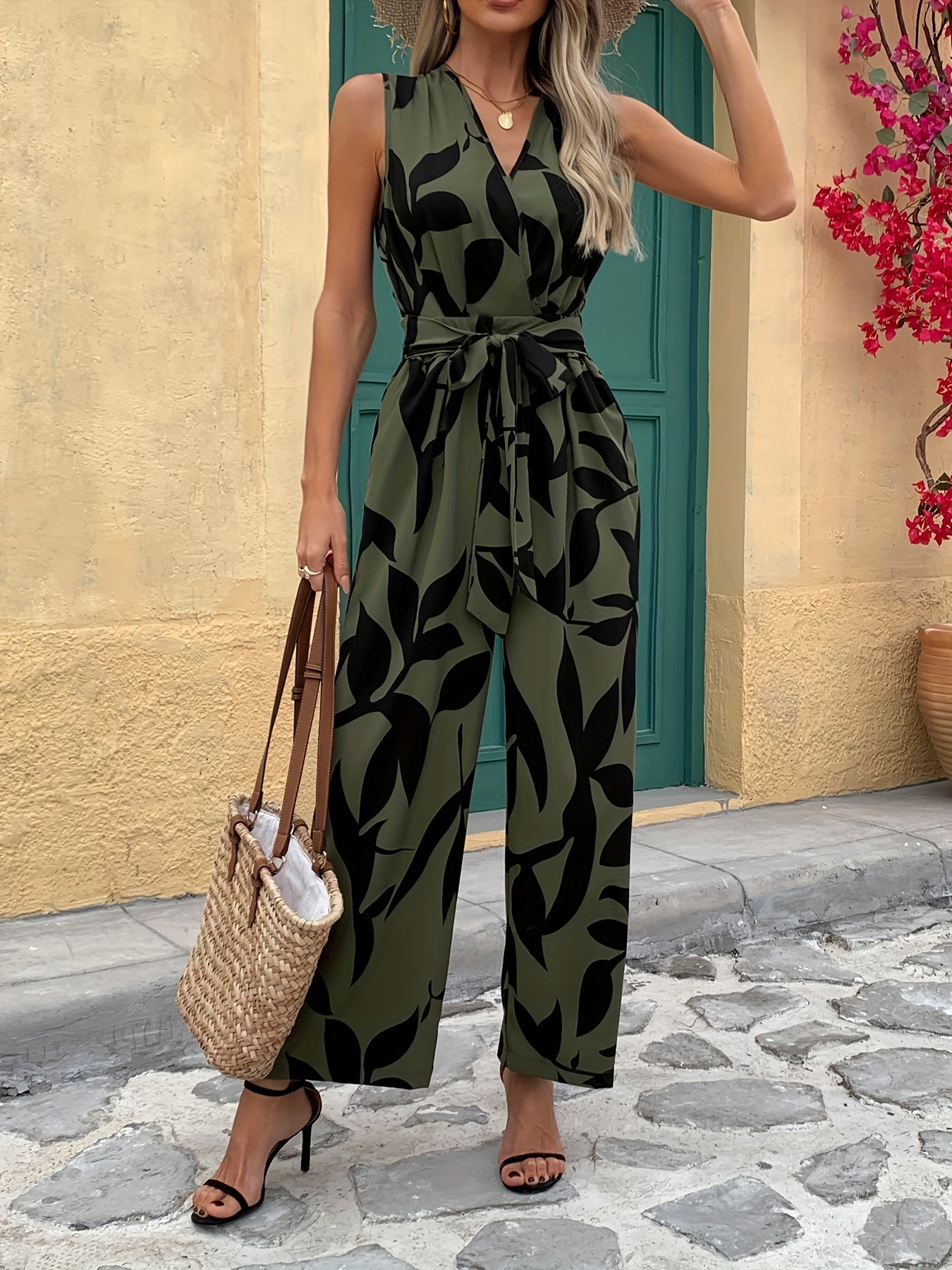 Sleeveless V-Neck Jumpsuit – Wide Leg, Cinched Waist - Lunavitae