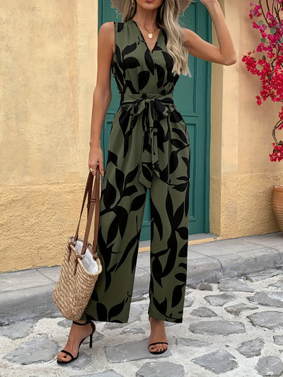 Sleeveless V-Neck Jumpsuit – Wide Leg, Cinched Waist - Lunavitae