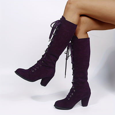 Chunky Heel Lace-Up Boots – Women’s Knee-High Style - Lunavitae