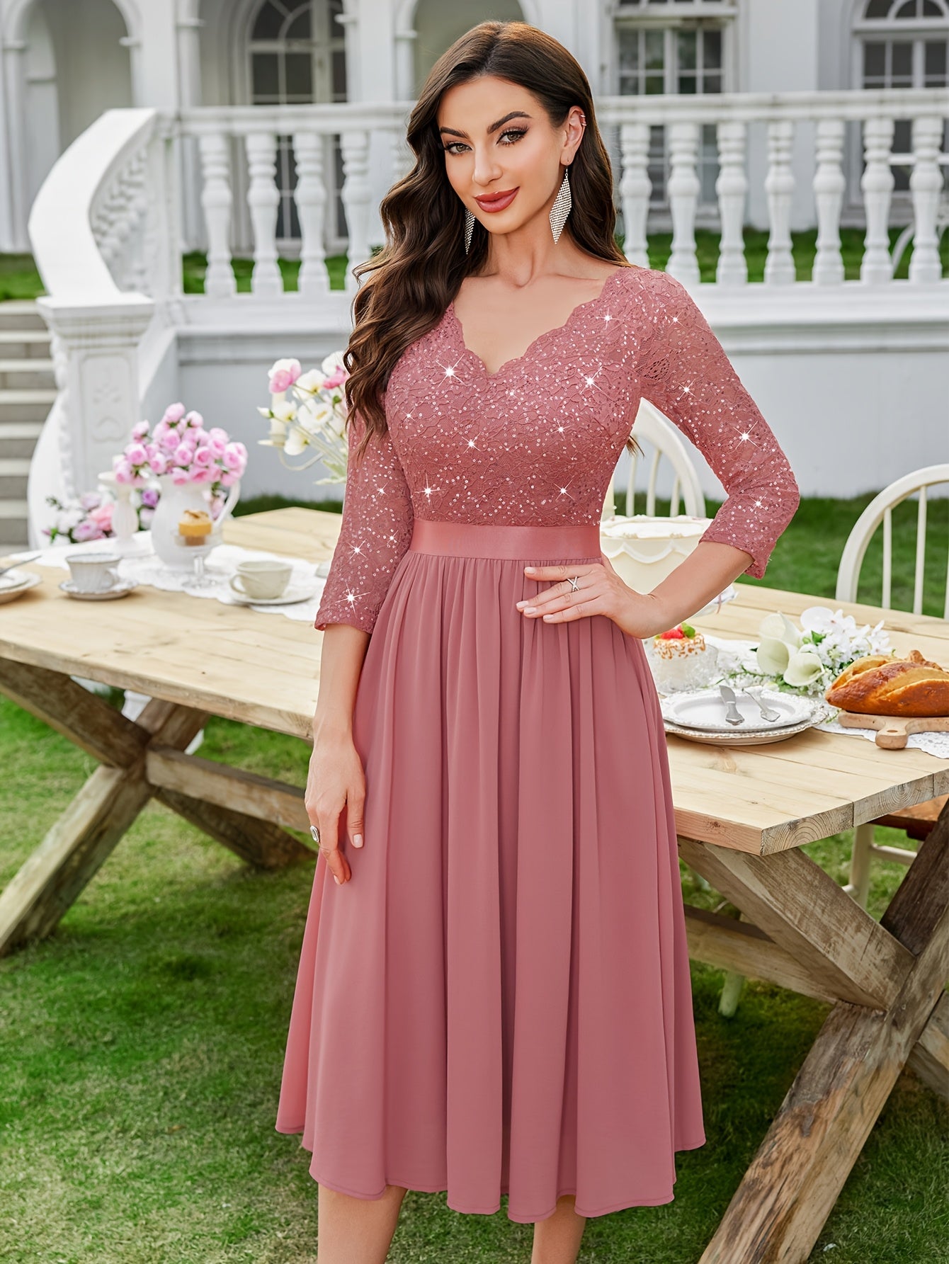 Sequin Lace Midi Dress – V-Neck, Tulle Skirt, 3/4 Sleeve - Lunavitae