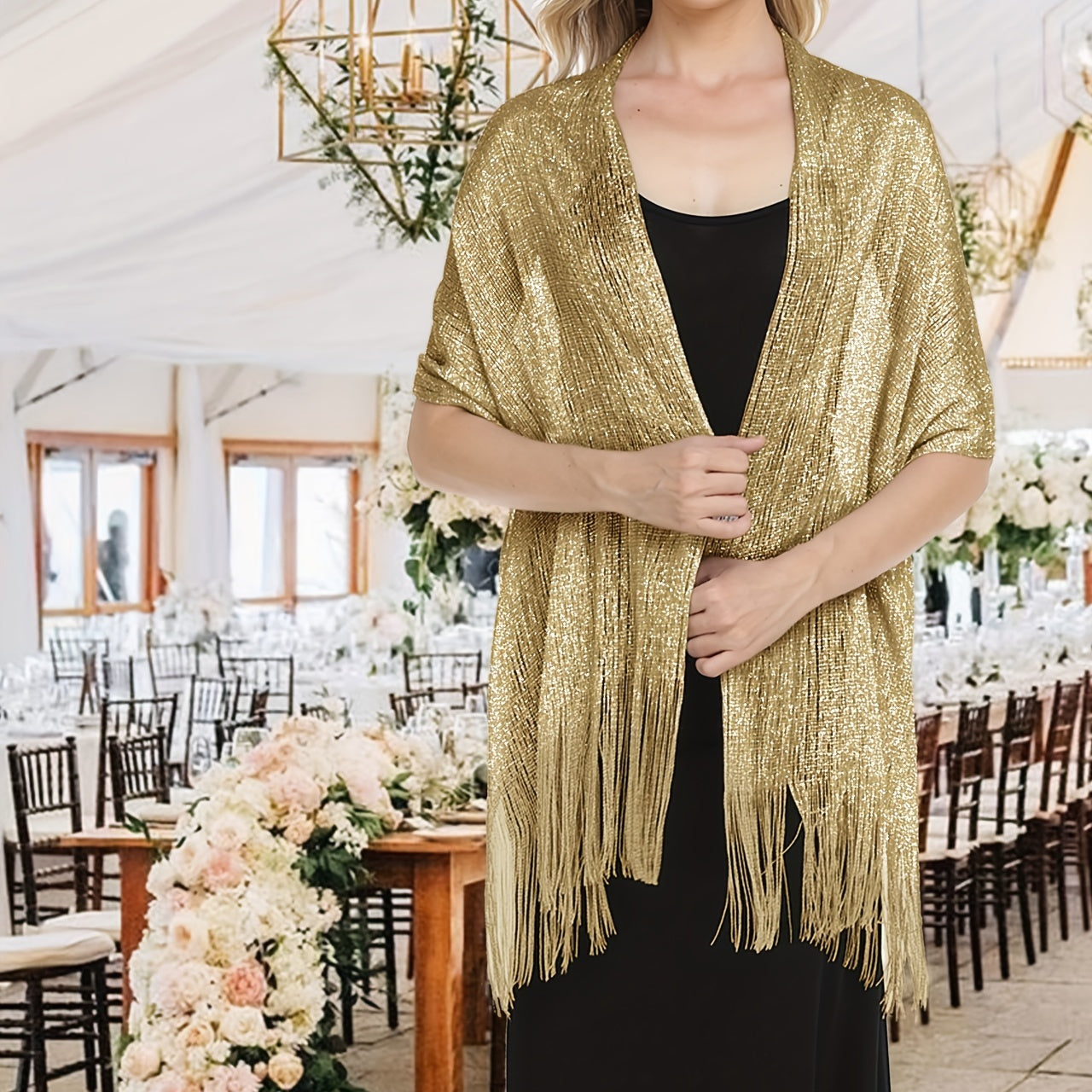 Sparkling Metallic Shawl – Tassel Wrap with Buckle - Lunavitae