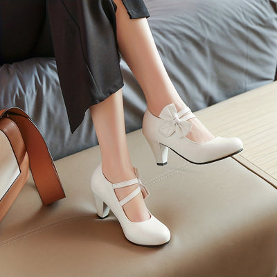 Kitten Heel Pumps – Bow Ankle Strap, Round Toe - Lunavitae
