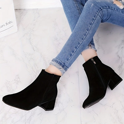 Women's Solid Color Block Heeled Ankle Boots - Side Zipper Short Boots - Lunavitae