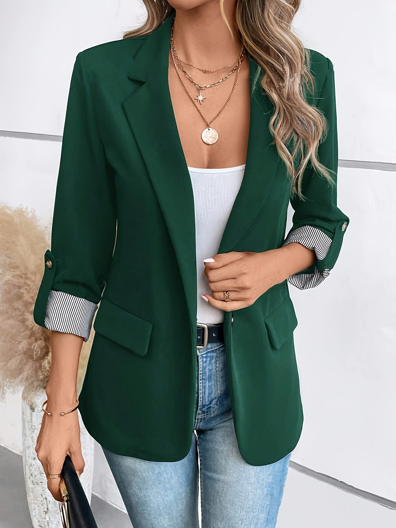 Blazer with Striped Cuffs – Single Button, Long Sleeve - Lunavitae