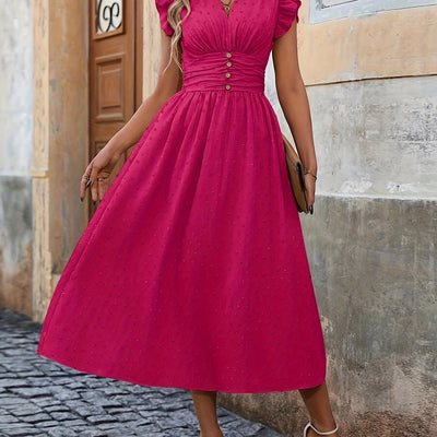 V-Neck Midi Dress – Ruffled Boho Style with Pockets - Lunavitae
