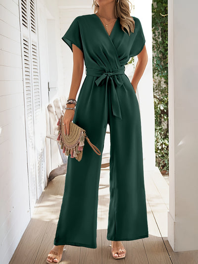 Chic Surplice Jumpsuit – Tie Waist, Wide Leg Fit - Lunavitae
