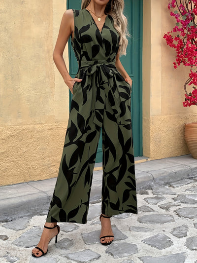 Sleeveless V-Neck Jumpsuit – Wide Leg, Cinched Waist - Lunavitae