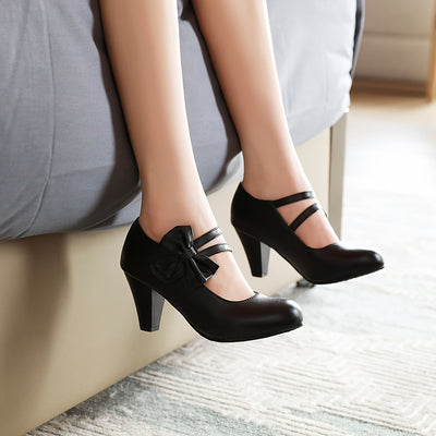 Kitten Heel Pumps – Bow Ankle Strap, Round Toe - Lunavitae