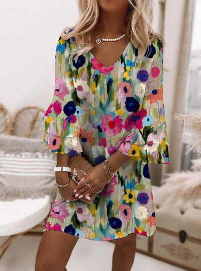 Patricia Romantic Floral Print V-Neck Mini Dress - Lunavitae