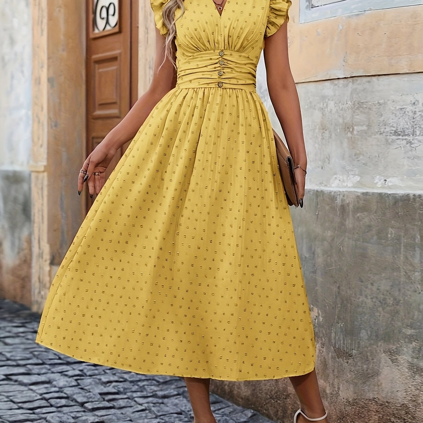 V-Neck Midi Dress – Ruffled Boho Style with Pockets - Lunavitae