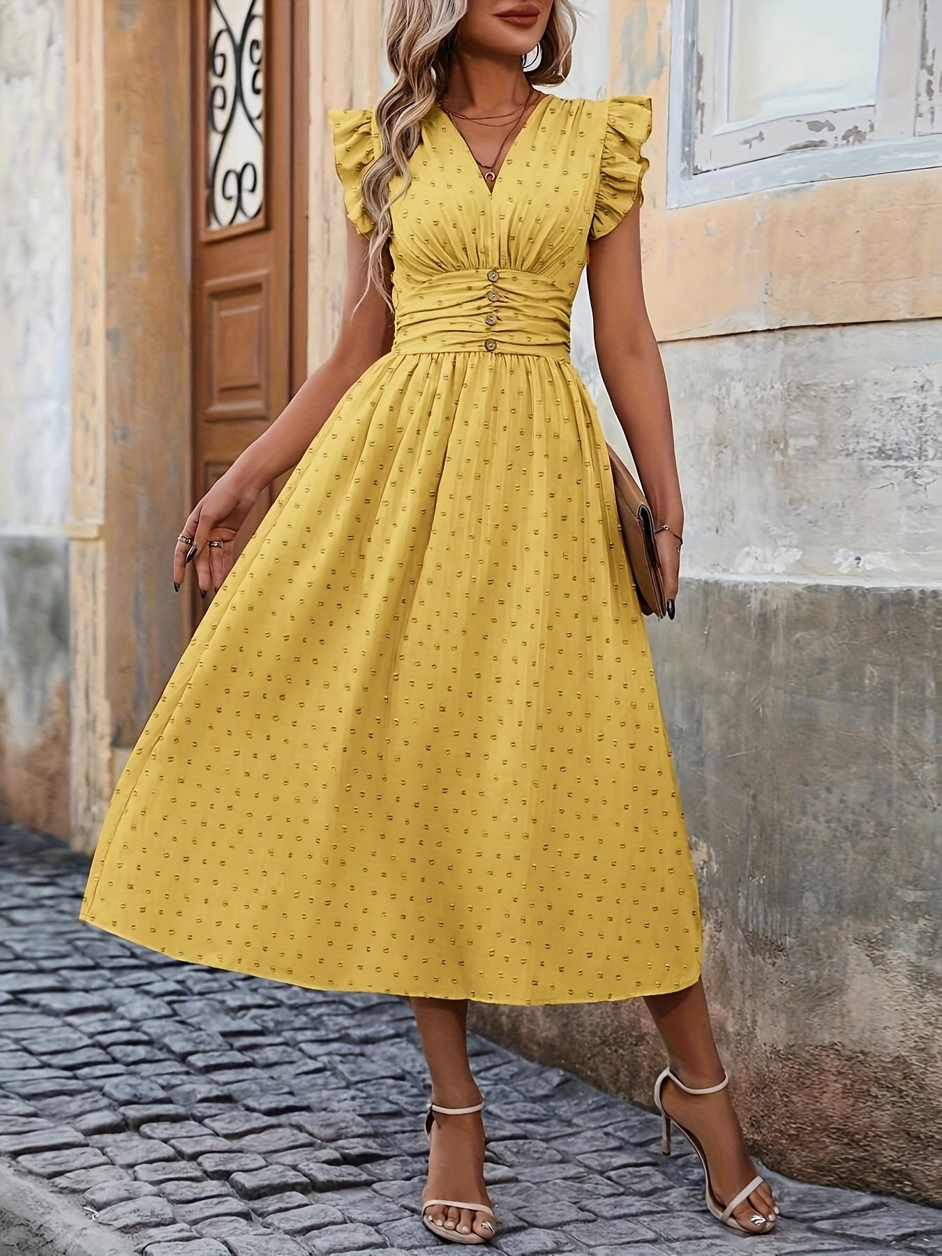 V-Neck Midi Dress – Ruffled Boho Style with Pockets - Lunavitae