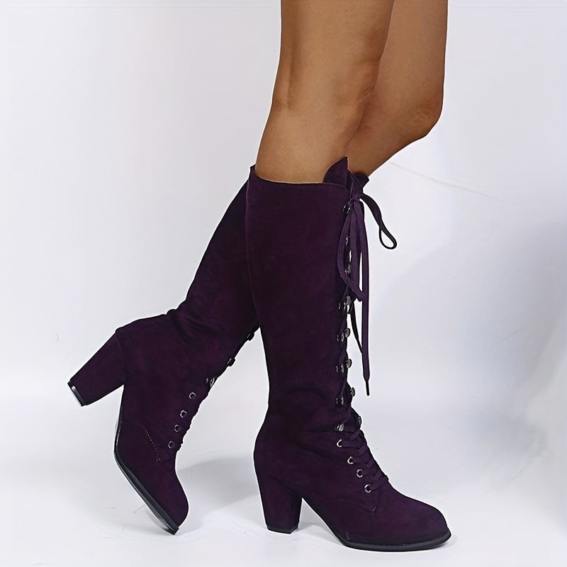 Chunky Heel Lace-Up Boots – Women’s Knee-High Style - Lunavitae