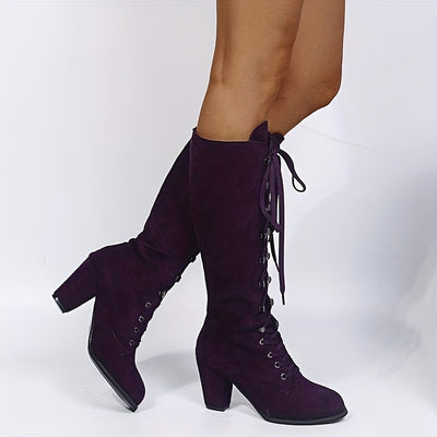 Chunky Heel Lace-Up Boots – Women’s Knee-High Style - Lunavitae