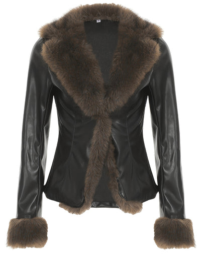 Retro PU Jacket – Faux Fur Trim Winter Slim Coat - Lunavitae