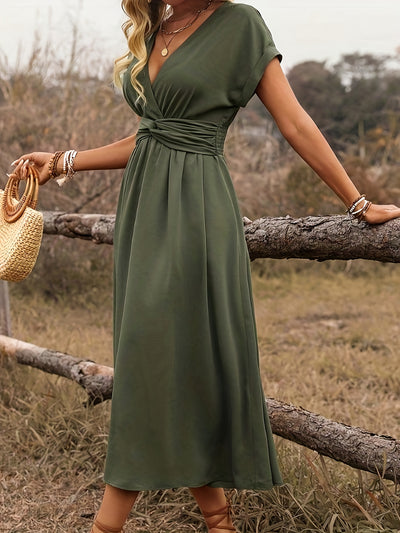 Boho Midi Dress – Batwing Sleeve, Twist Back, Drawstring - Lunavitae