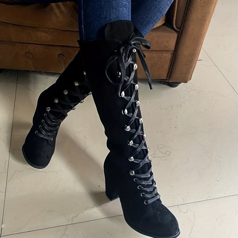 Chunky Heel Lace-Up Boots – Women’s Knee-High Style - Lunavitae