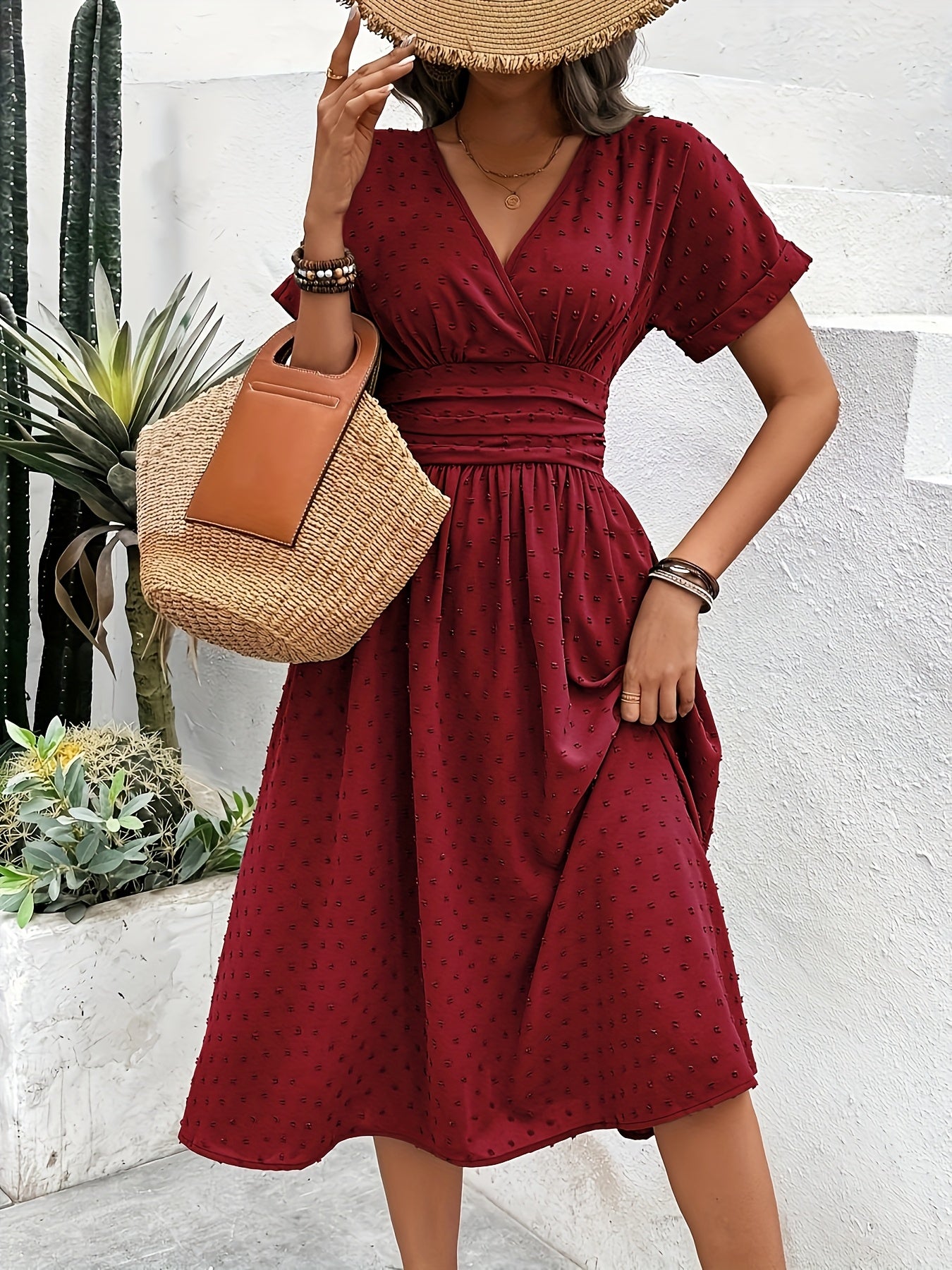 Burgundy Midi Dress – V-Neck, Sleeveless, Flared Fit - Lunavitae