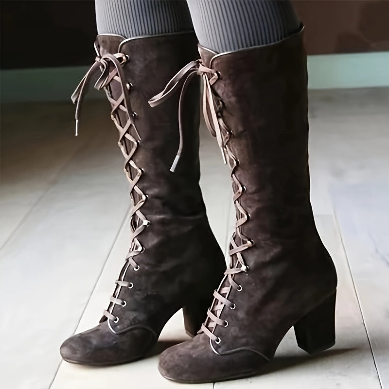 Chunky Heel Knee-High Boots – Lace-Up, Stylish Fit - Lunavitae
