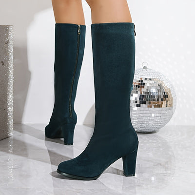 Chunky Heel Knee-High Boots – Back Zipper, Slimming Look - Lunavitae